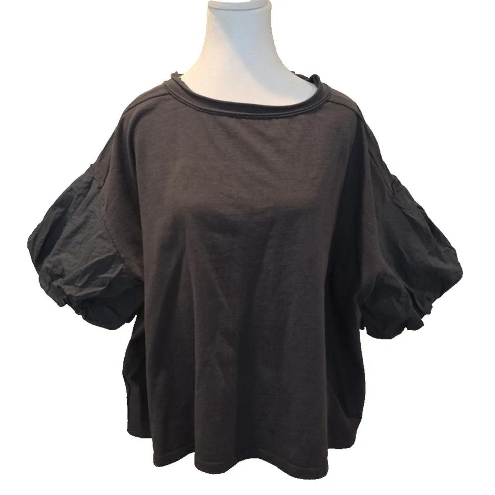 Free People We The Free Blossom Tee Gray Puff Sleeve Boxy Oversized Top S Boho